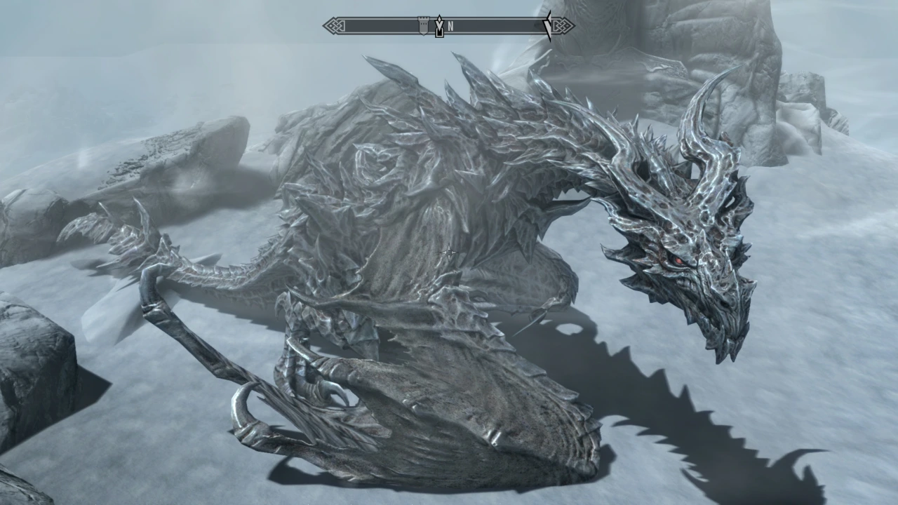 The evil dragon, Alduin, is curled up in agony having been bitten by the player and received millions of damage points