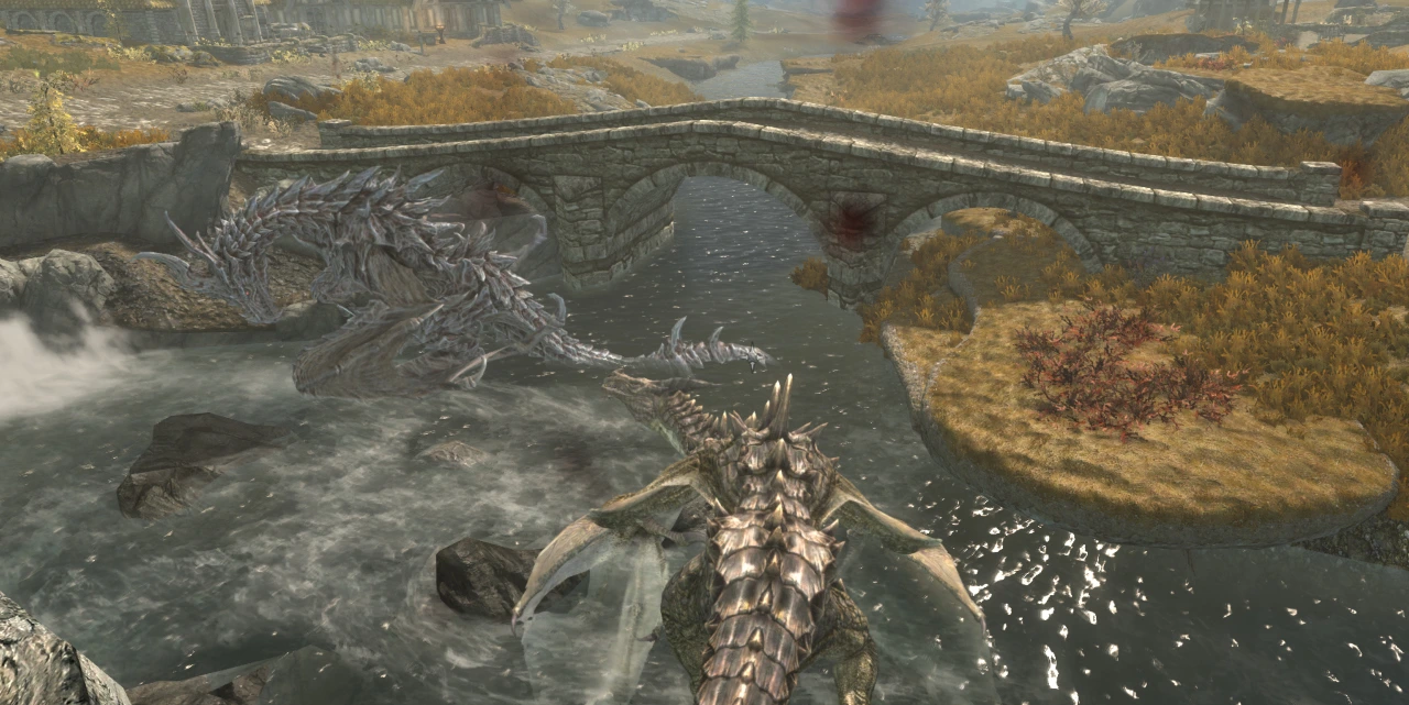 The player - a dragon - has pushed Alduin into the river where he gasps for breath