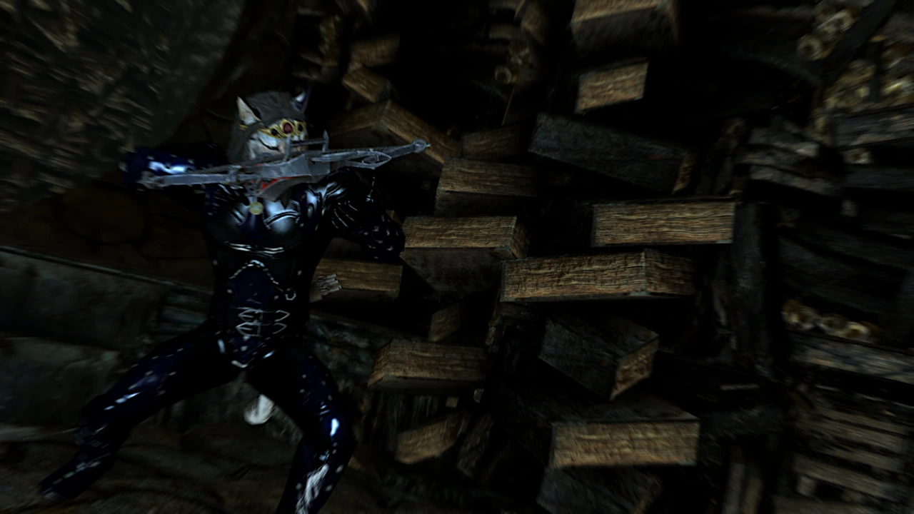 The dragonborn in the realm of Apocrypha, caught in an action shot with the crossbow.  His black catsuit gleams ominously in the light.