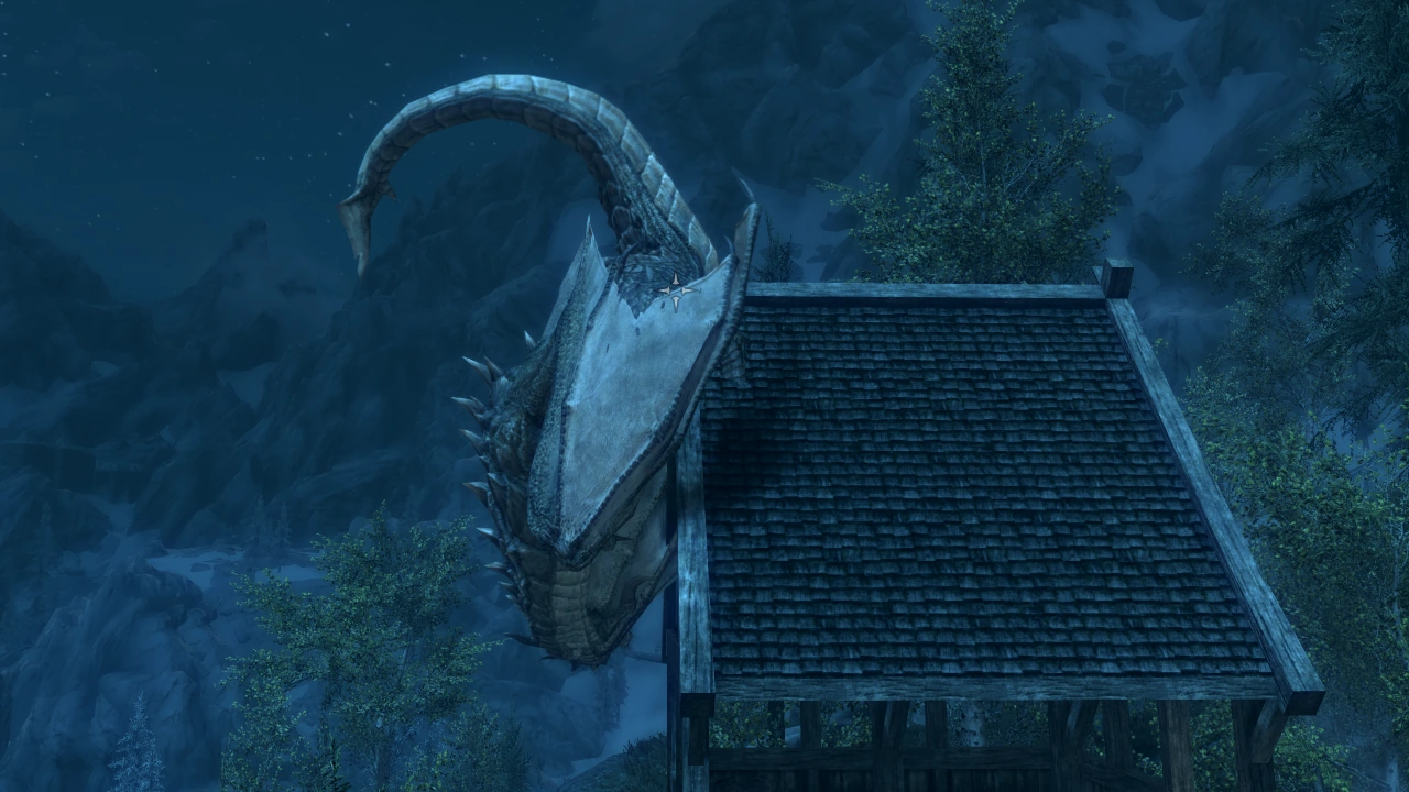Fahdonmul the dragon has somehow perched sideways on a roof