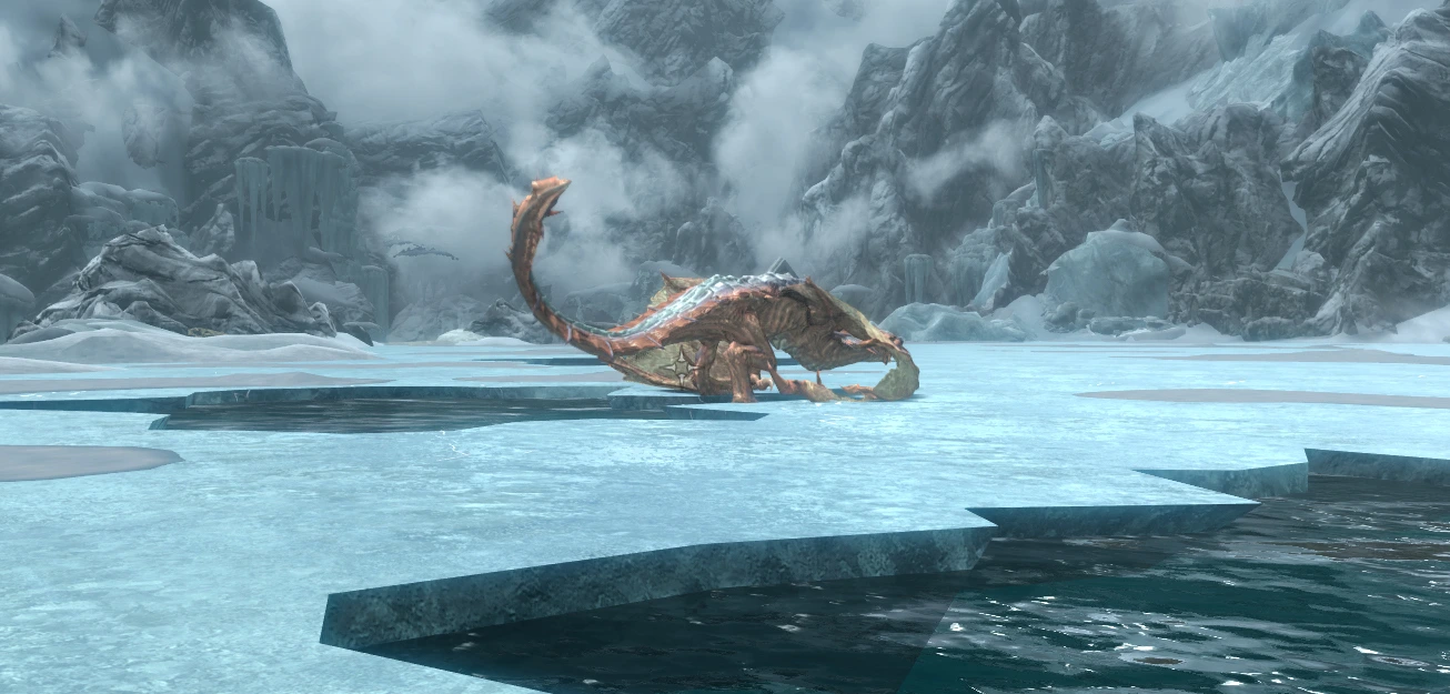 A lobster-coloured dragon rests on a frozen lake