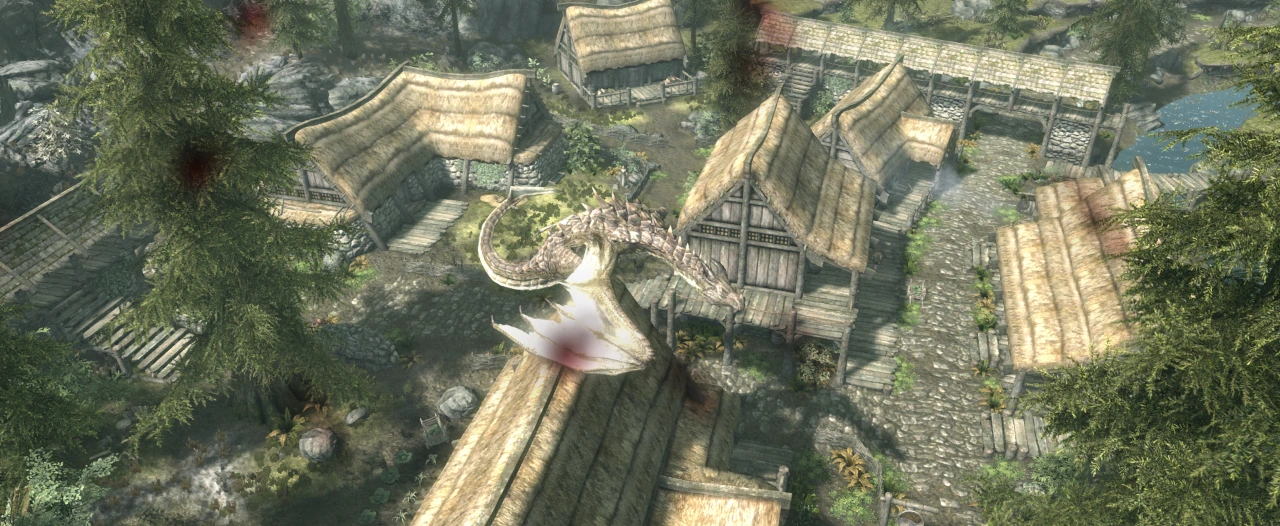 The player - a dragon - perches ominously on the roof of Delphine's inn