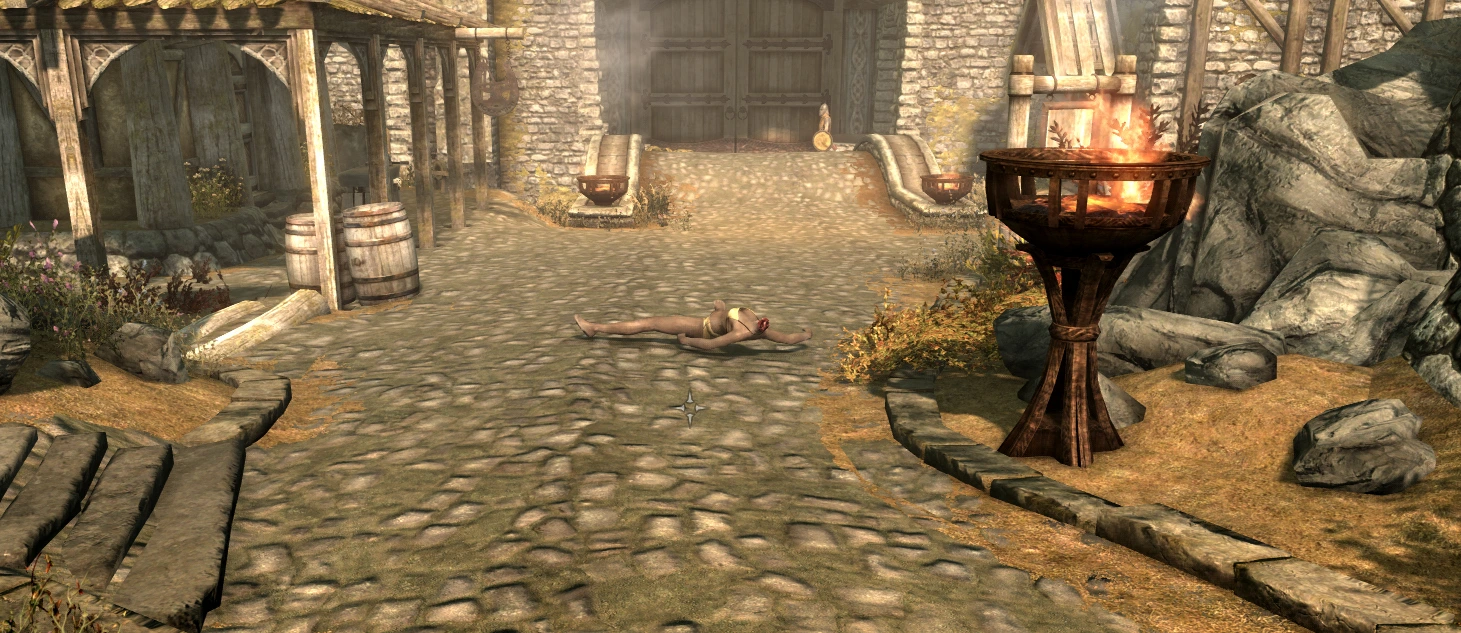 A decapitated cultist lies in the middle of the city street, largely ignored by the populace