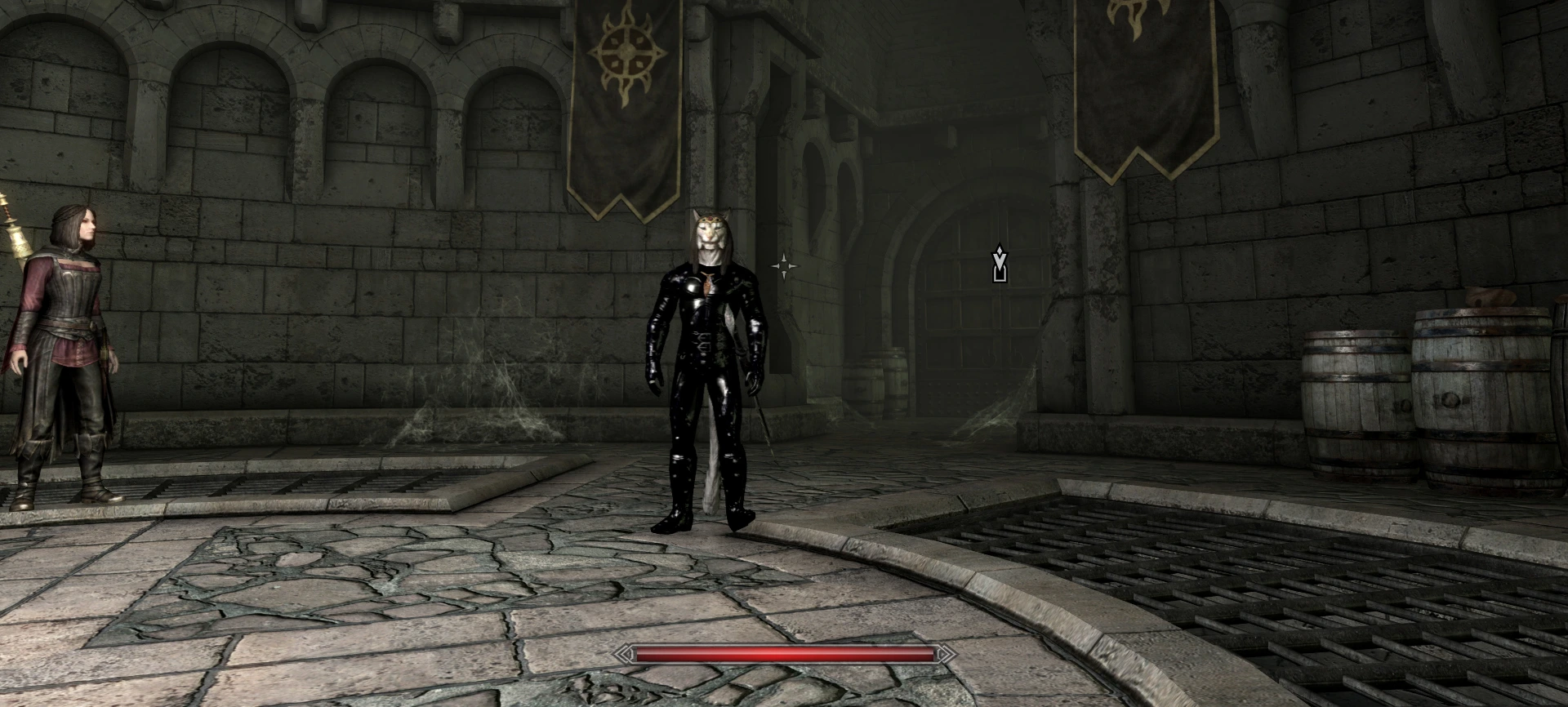 general shot of Dawnguard, the circular foyer with the player's catsuit gleaming brightly and his vampire friend off to the left