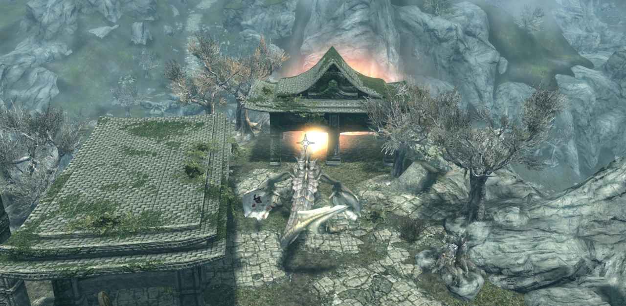 The player - a dragon - breathes fire at Delphine in Sky Haven Temple