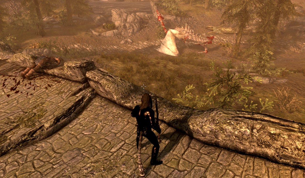 A passing dragon attacks the fleeing Stormcloaks while the player - in khajiit form - watches