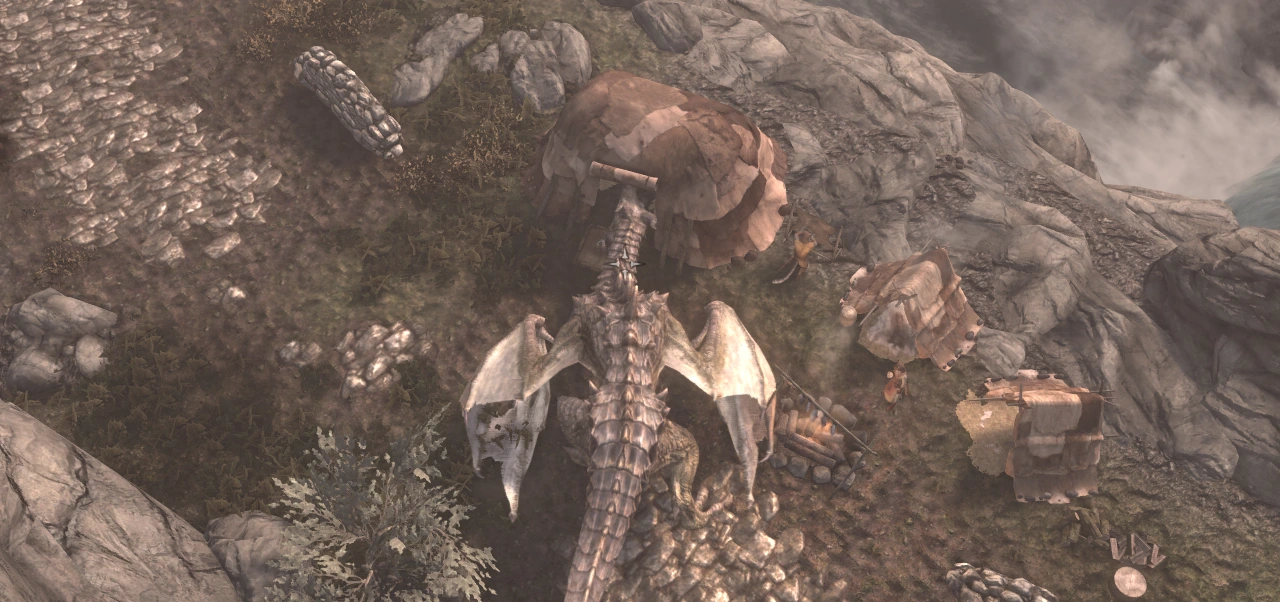 The player - a dragon - attempts to enter one of the Khajiit caravan tents, but it far too big