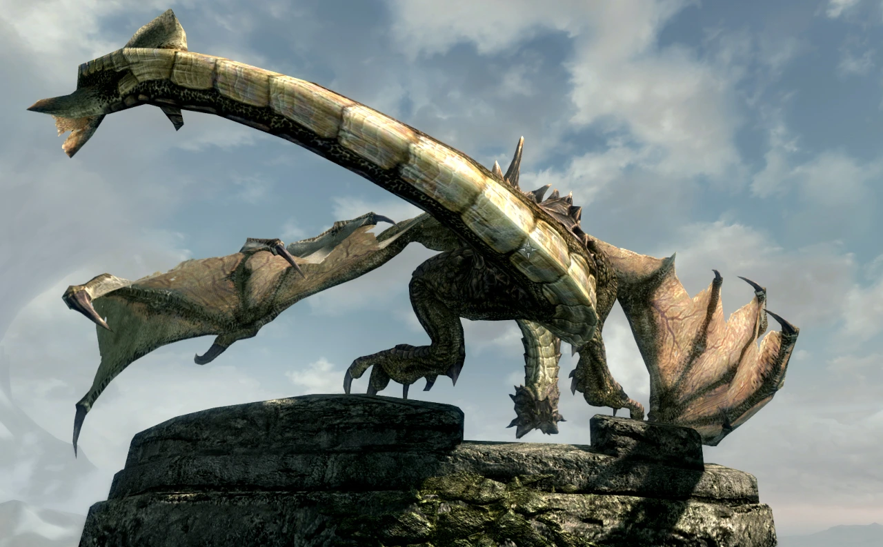 Fahdonmul the dragon cranes his neck and stares at the camera between his legs