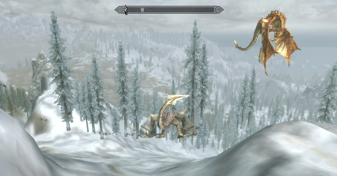 The player - a dragon - contemplates another dragon floating above an invisible perch in a corrupted version of the main map