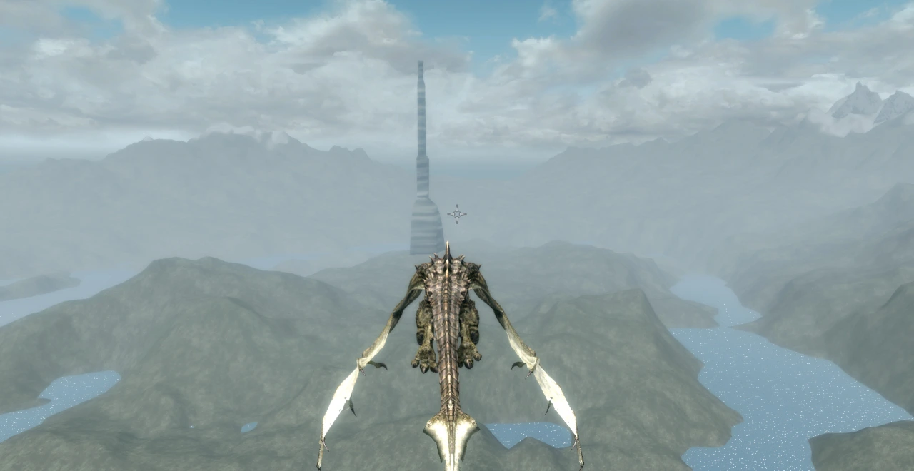The player - a dragon - flies next to an extremely low-detail rendition of the White-Gold Tower from Oblivion