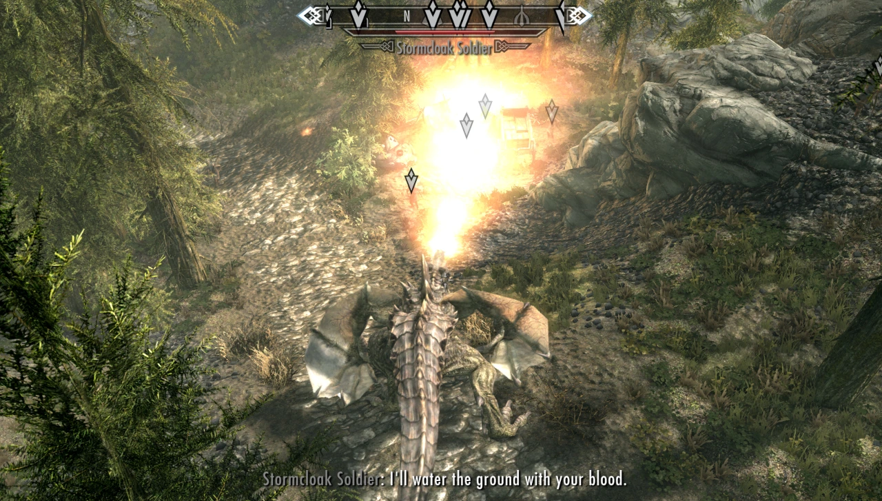 The player - a dragon - torches a bunch of rebels so his allies can steal their wagon