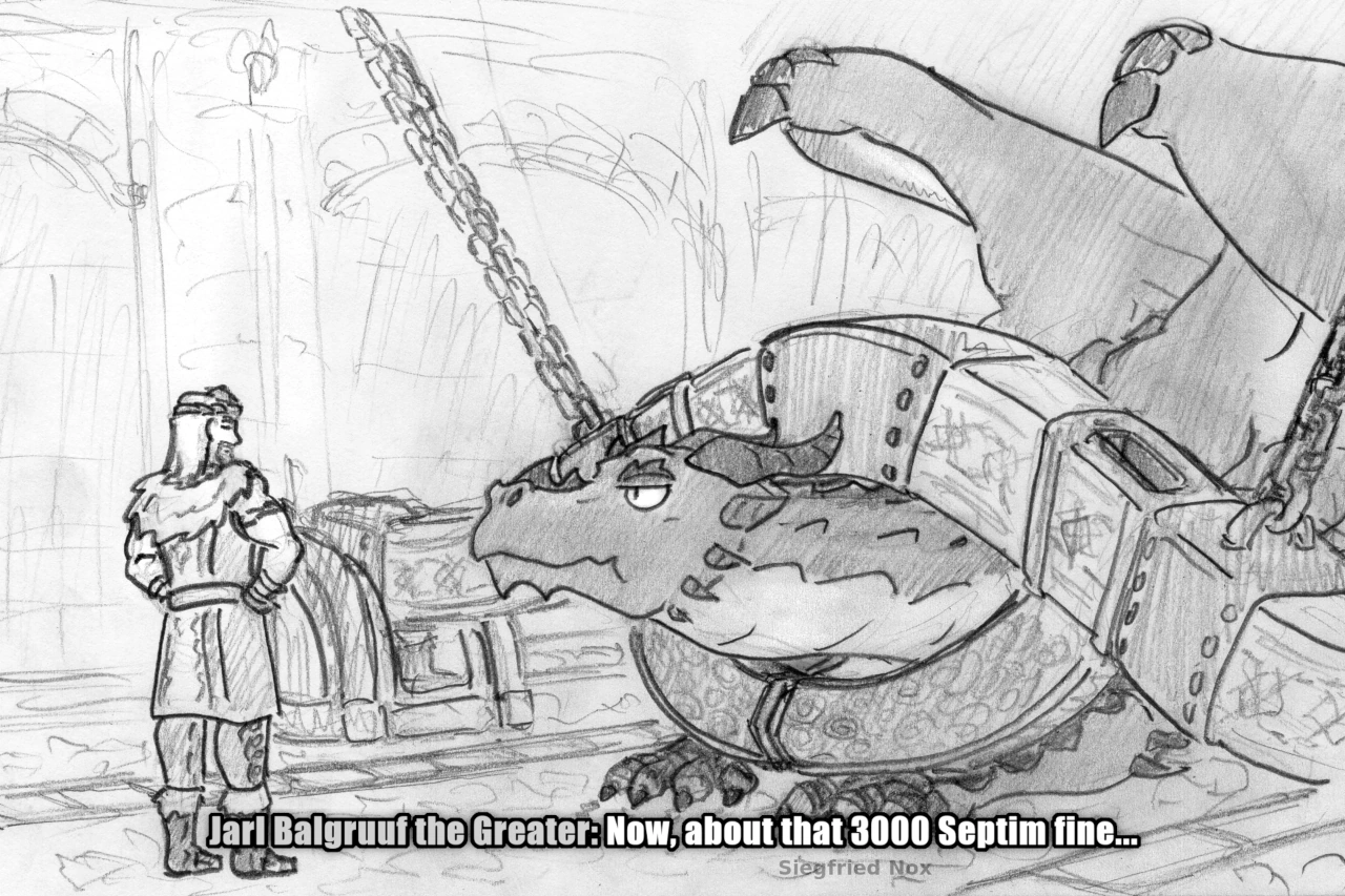 Comic of Fahdonmul the dragon trapped in the Dragonsreach stocks. The Jarl is asking about the 3000 gold coin fine he's owed