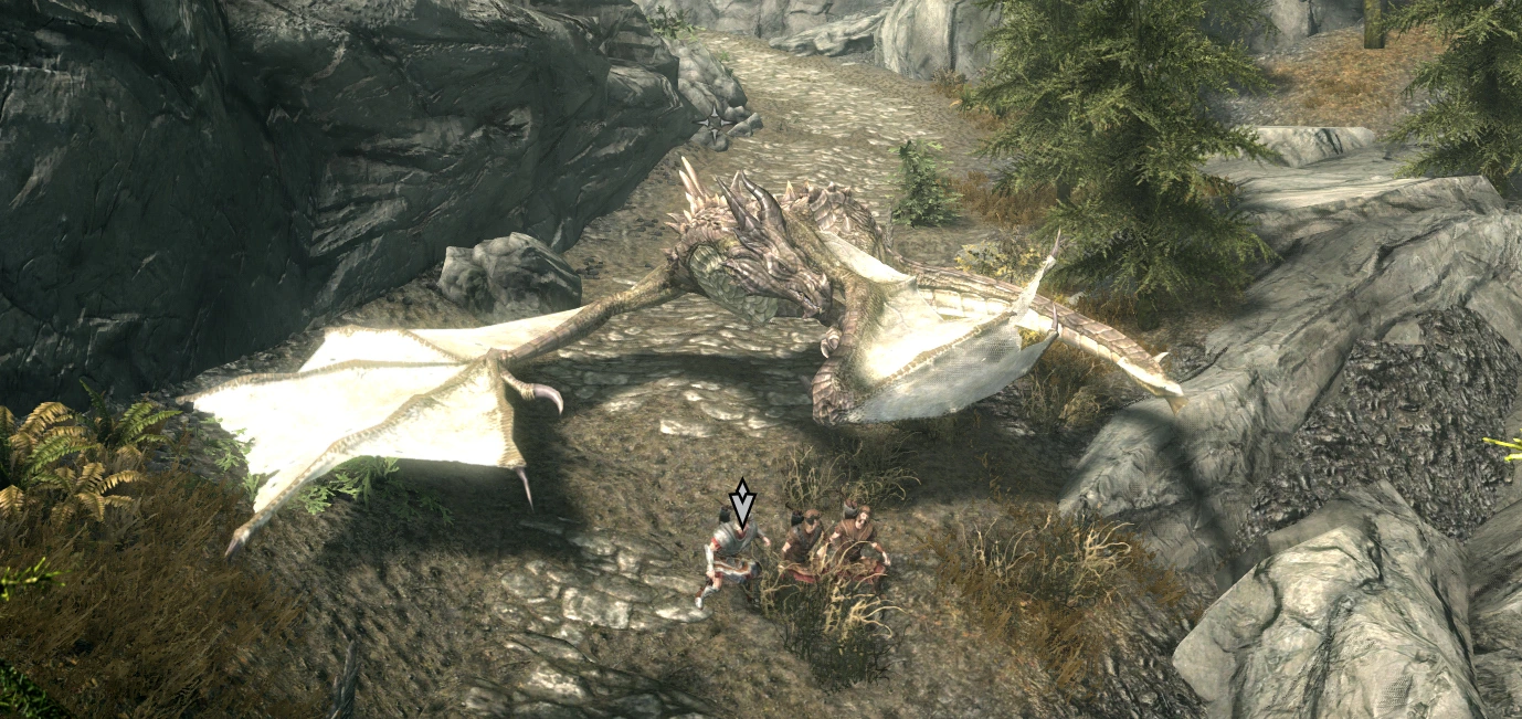 The player - a dragon - crouches behind Hadvar's men as they all look down at the wagon