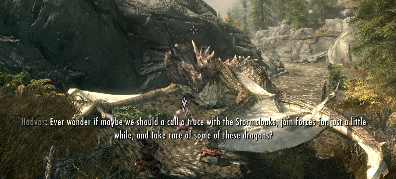 The player - a dragon - looks offended as Hadvar starts talking about hunting down dragons.