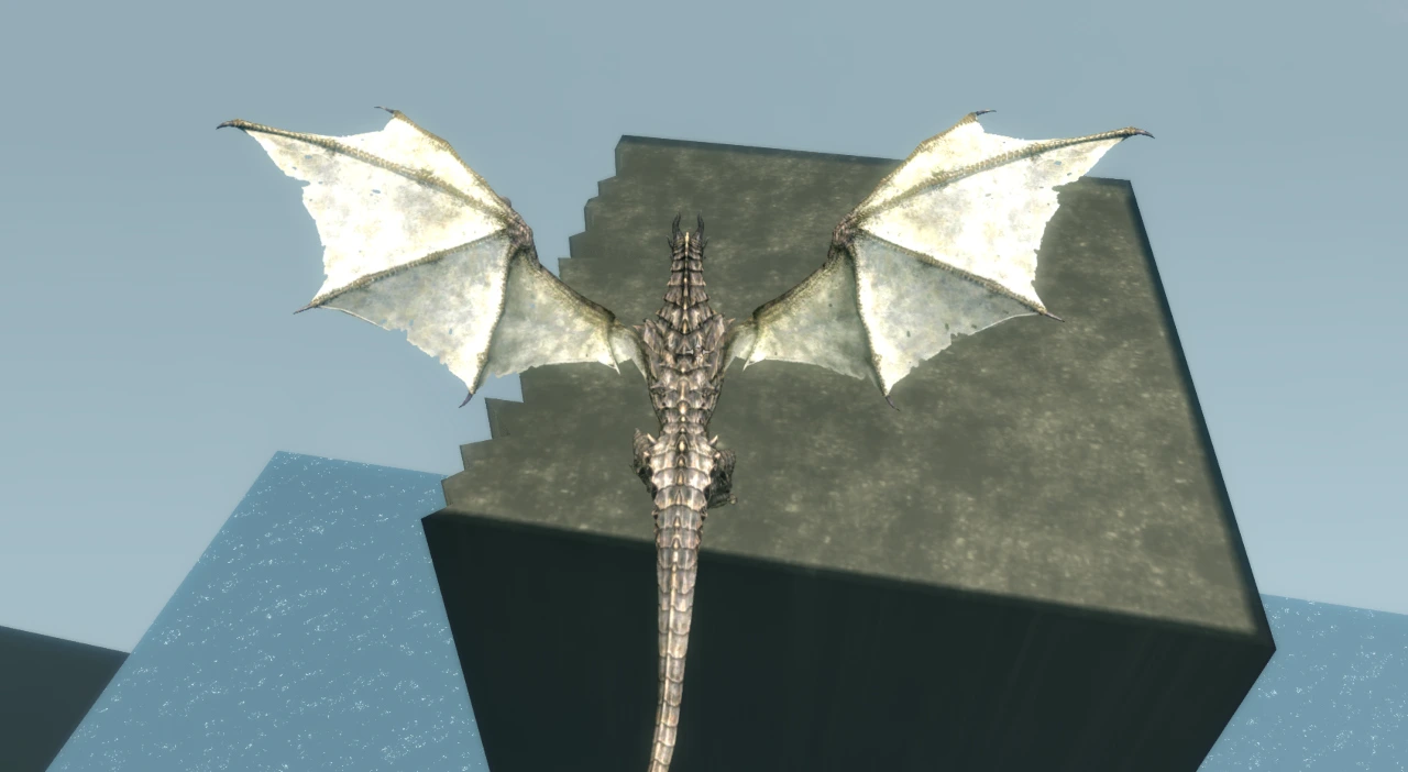 The player - a dragon - hovers over the bizarre monolith in the out-of-bounds regions of Skuldafn