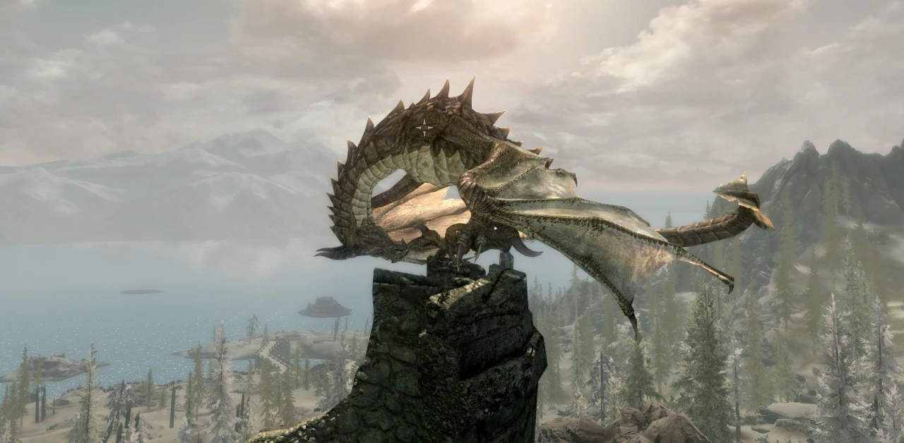 Side view - Fahdonmul the dragon cranes his neck and stares at the camera between his legs