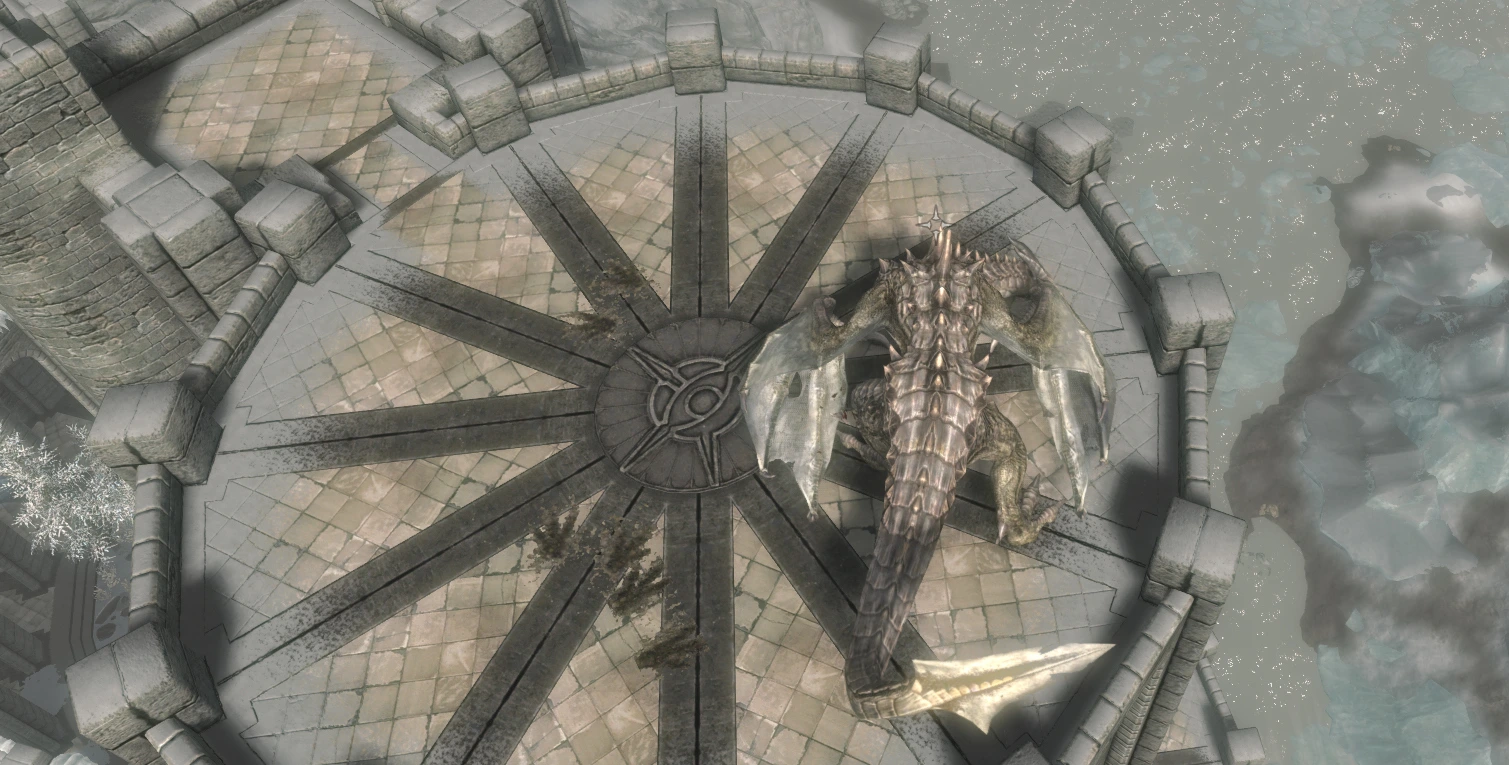 The player - a dragon - has left large, dragon-shaped footprints in the stonework of Winterhold College where he landed.
