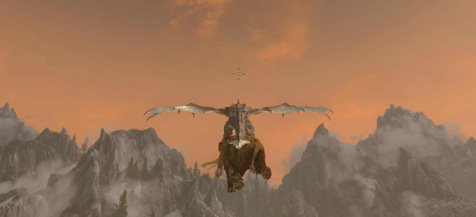 The player - a dragon - flies into the sunset with a mammoth held in their claws