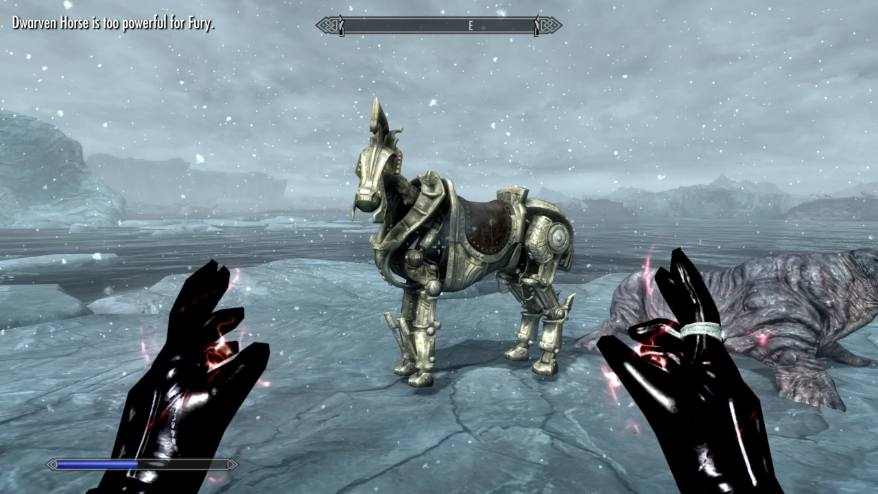 The dragonborn casts Fury on the robo-horse which simply turns to look at him