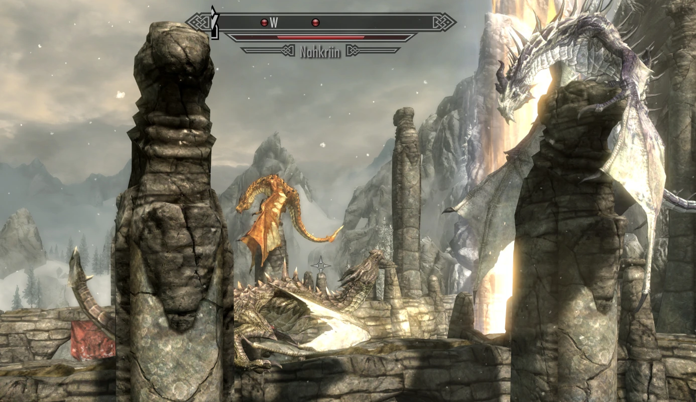 The player - a dragon - looks up at two perching dragons who are trying to ignore him