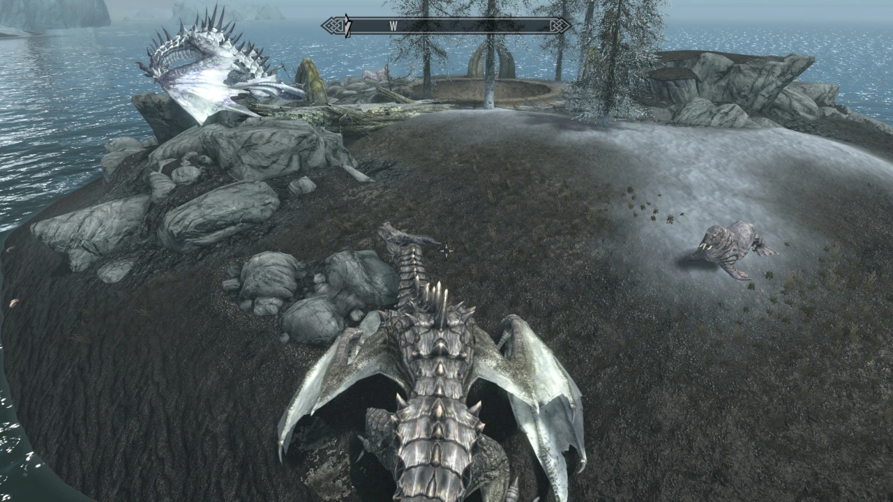 Fahdonmul the dragon arrives on the horker island.  The pretty white frost dragon looks at him disdainfully