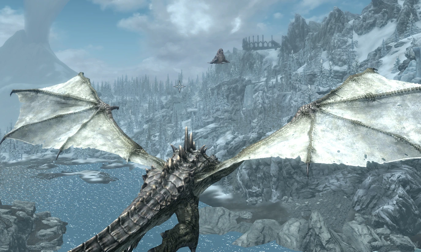 Fahdonmul has thrown the horker which is sailing through the air towards the mountains