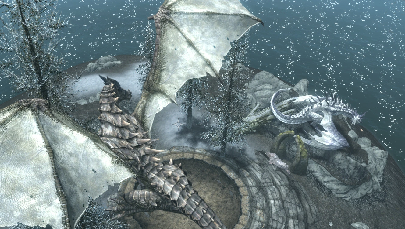 Fahdonmul the dragon flies over the pretty white frost dragon, who looks up at him angrily.  A horker has landed right next to the white dragon.