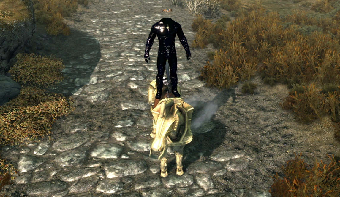 The dragonborn is standing on the saddle of his horse as the game comes apart. He has no head and his tail is only visible from certain angles.
