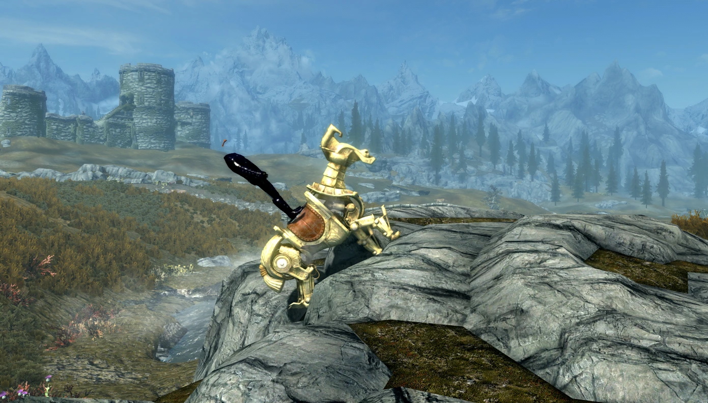 The dragonborn stands on his horse as the game breaks down.  The horse is at an angle that would have tipped him over if he wasn't nailed to the saddle.