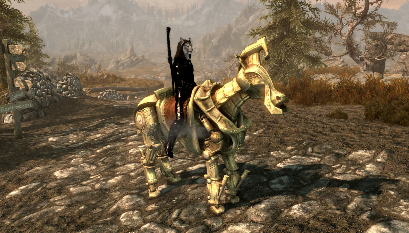 The dragonborn sits astride a mechanical horse made from a bronze metal