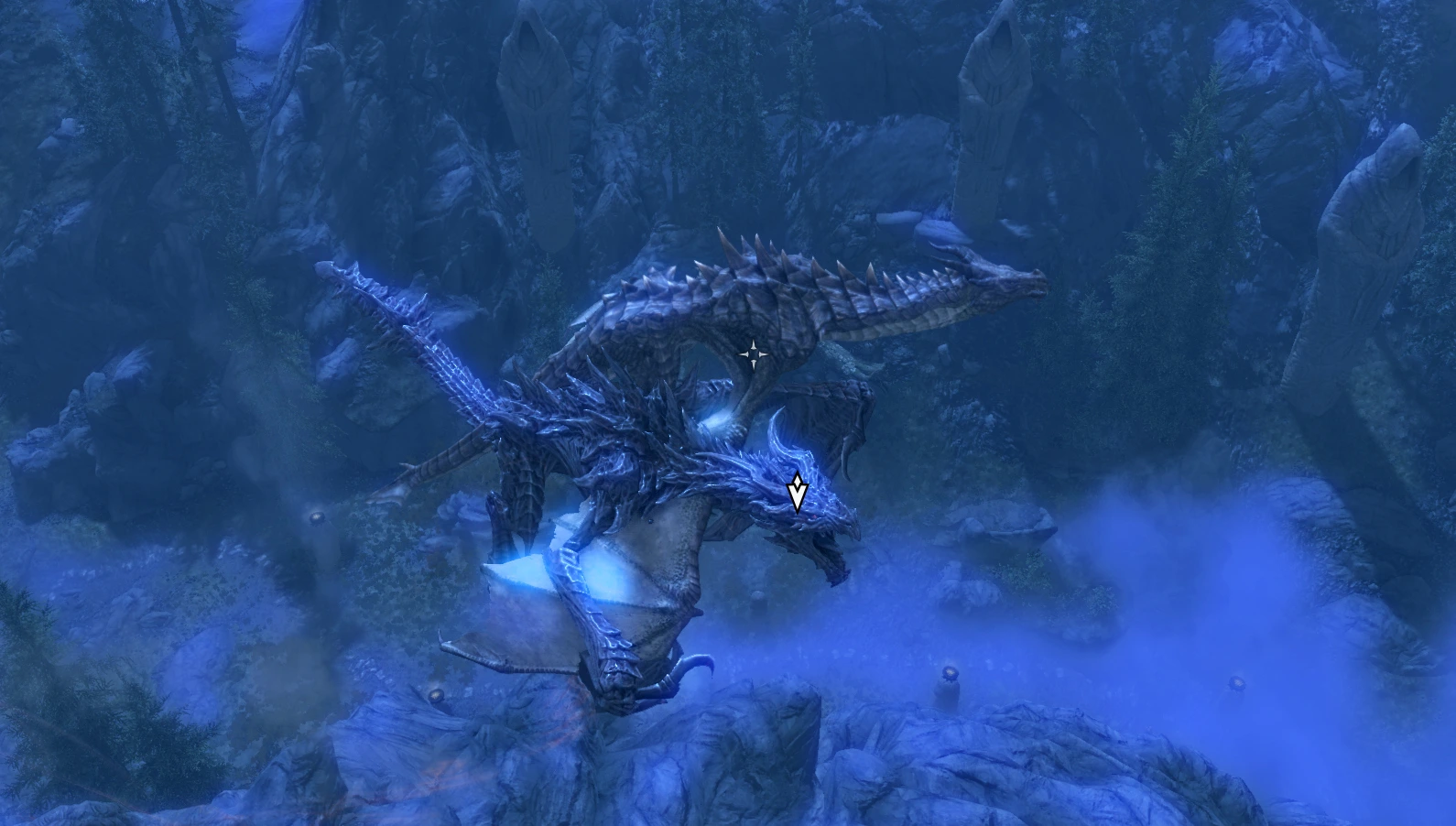 The player - a dragon - holds Alduin limp in his talons and flies him through the air like a bird of prey