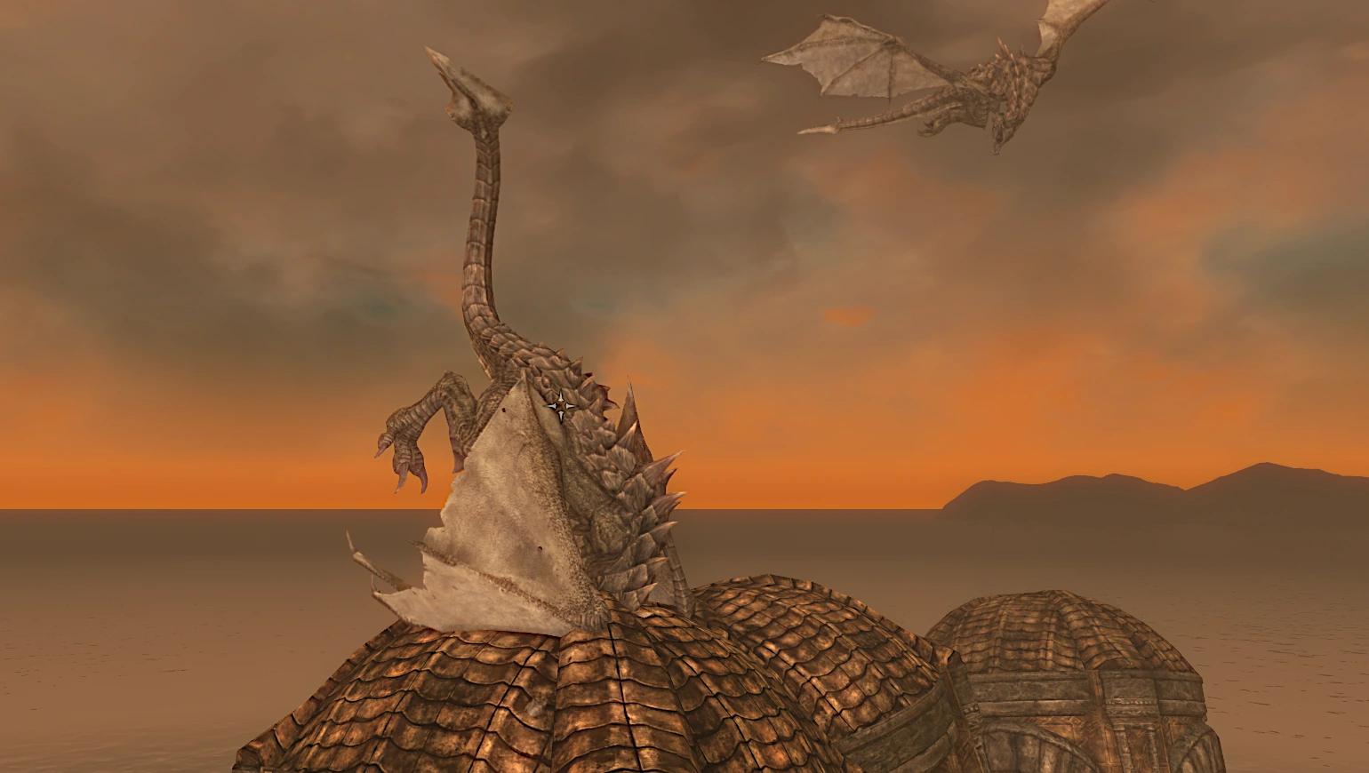 Fahdonmul the dragon has clipped into a dwarven ruin head-first.  The dragon Krosulhah flies overhead with his mouth wide open as if laughing' word-wall