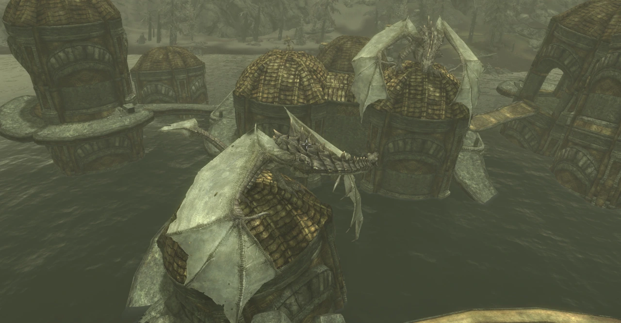 Fahdonmul the dragon perches on the towers of Nchardak with his fellow dovah, Krosulhah