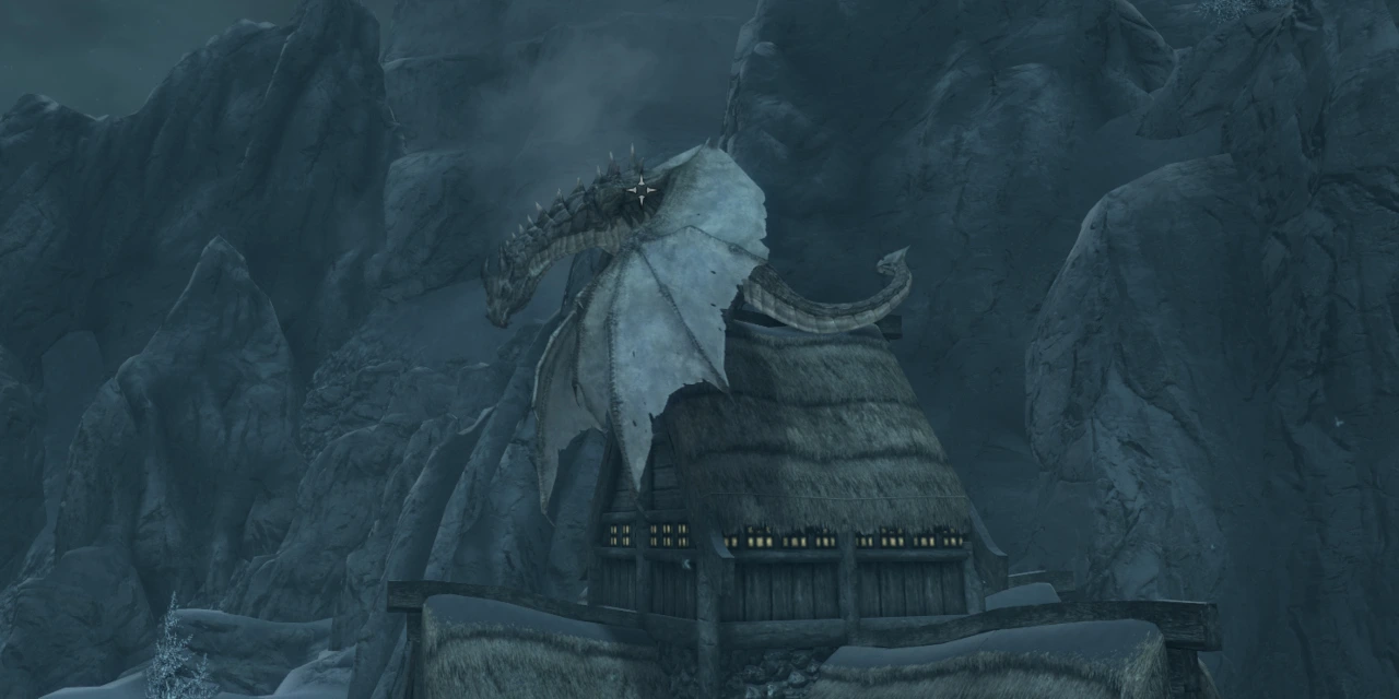The player - a dragon - perches on the Jarl's longhouse and looms menacingly
