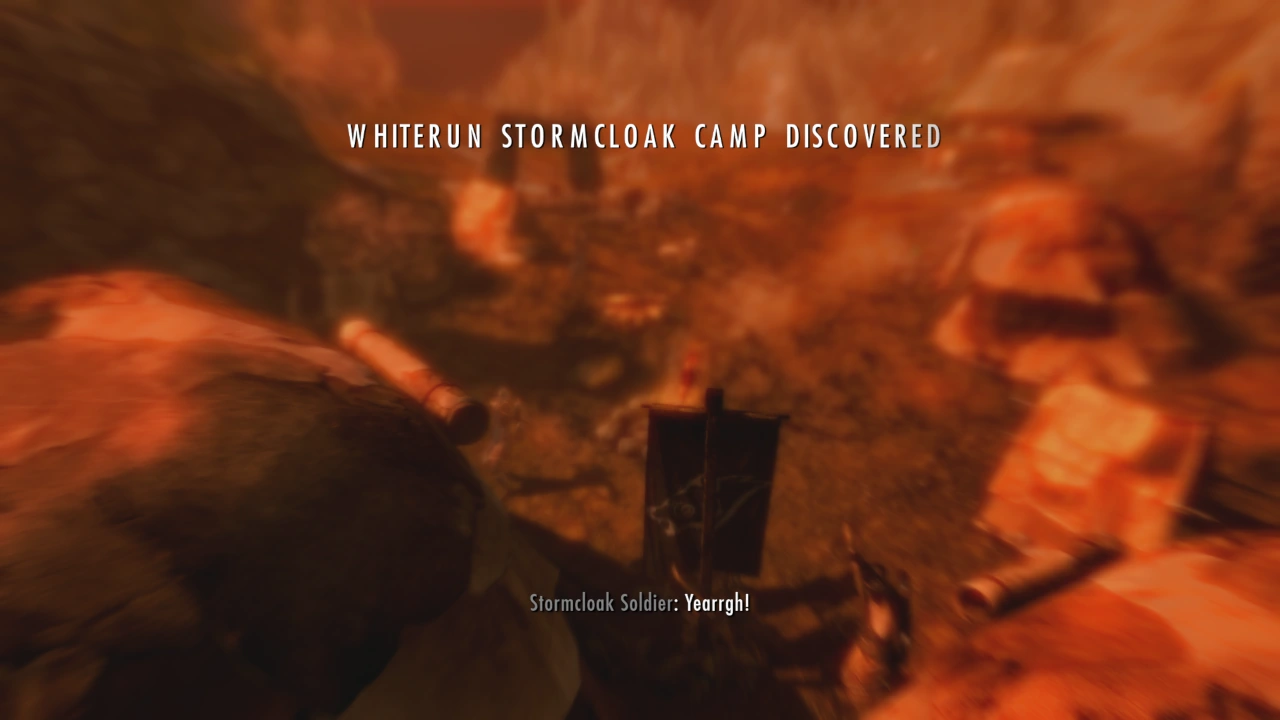 The Elder Scroll cutscene gone horrifically wrong as the player has managed to fall into a stormcloak camp