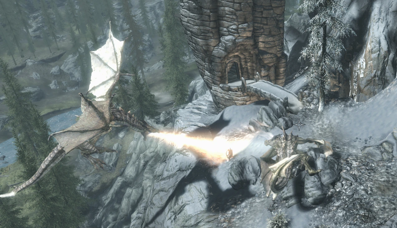 The player - a dragon - watches as a resurrected Mirmulnir incinerates some bandits.