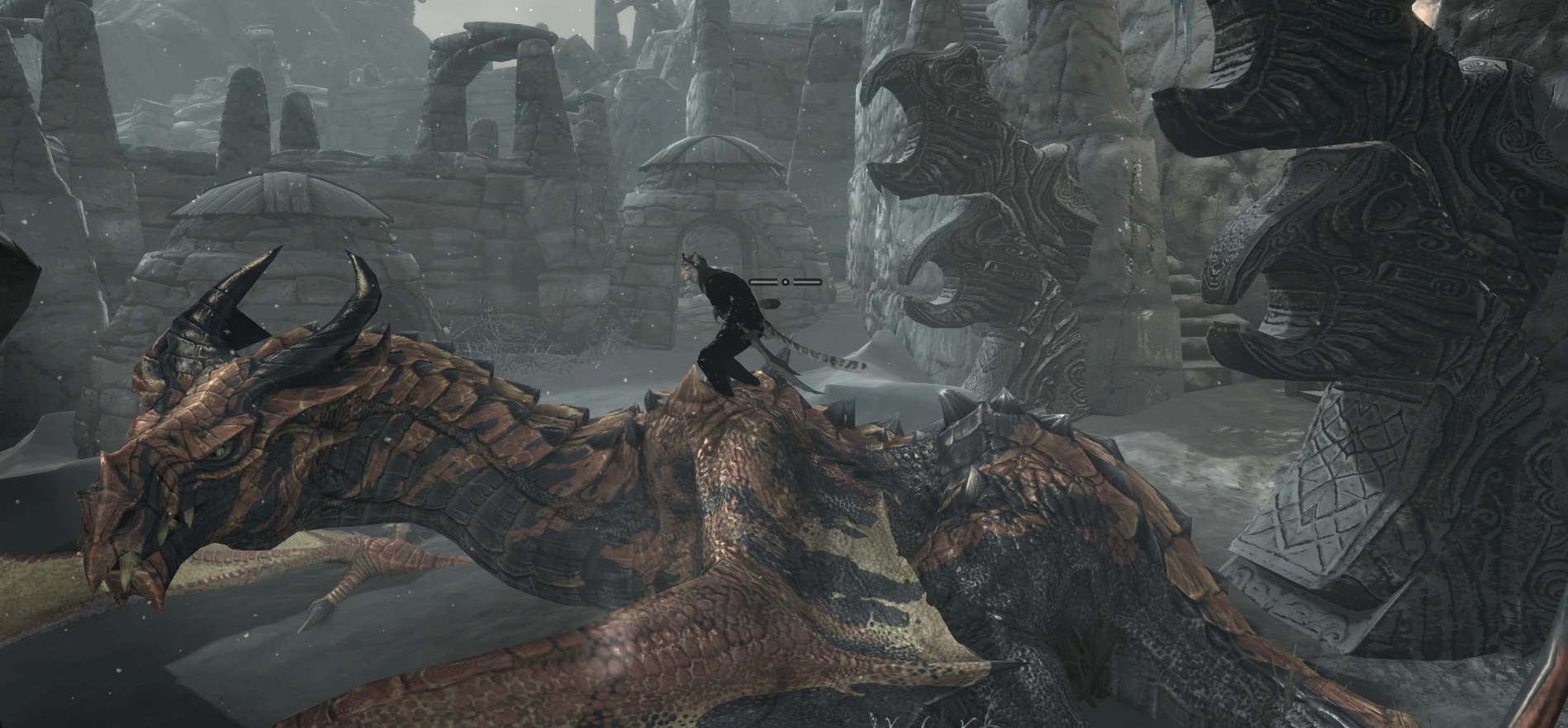 The dragonborn stands on top of an Ancient Dragon.  He is sneaking and invisible so the dragon ignores him.