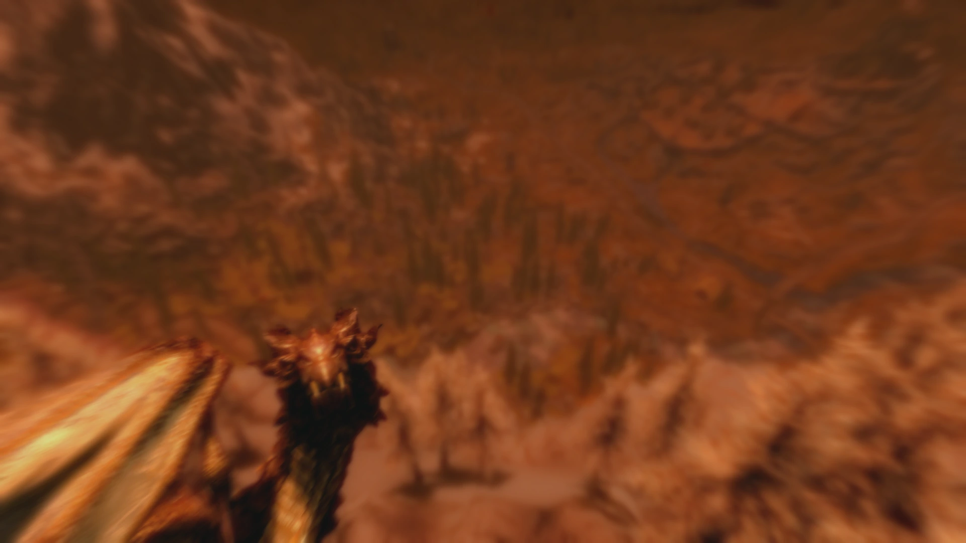 The Elder Scroll cutscene gone horrifically wrong as the dragon is now halfway down the mountain.  Whiterun is visible and the dragon stares at the player in confusion