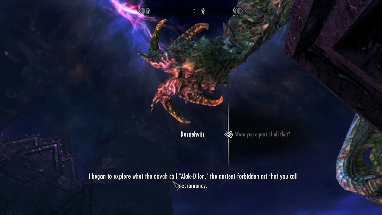 The dragonborn looks up at an undead dragon who is staring down at him and speaking