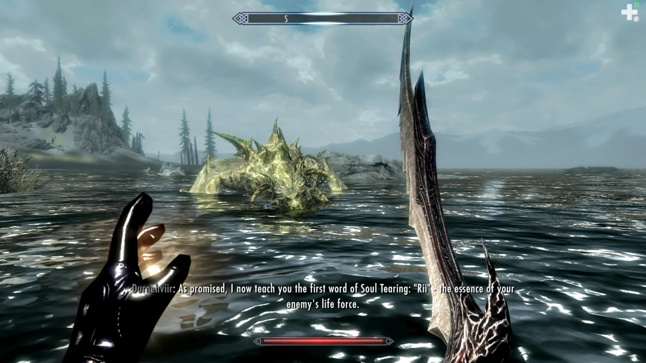 The dragonborn has summoned the dragon Durnehviir in the sea making them look faintly ridiculous