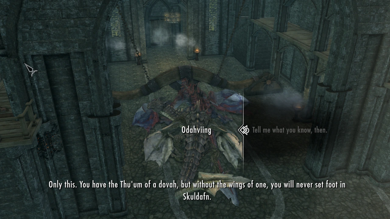 The player - a dragon - interrogates the dragon, Odahviing who says that only dragons can reach Skuldafn