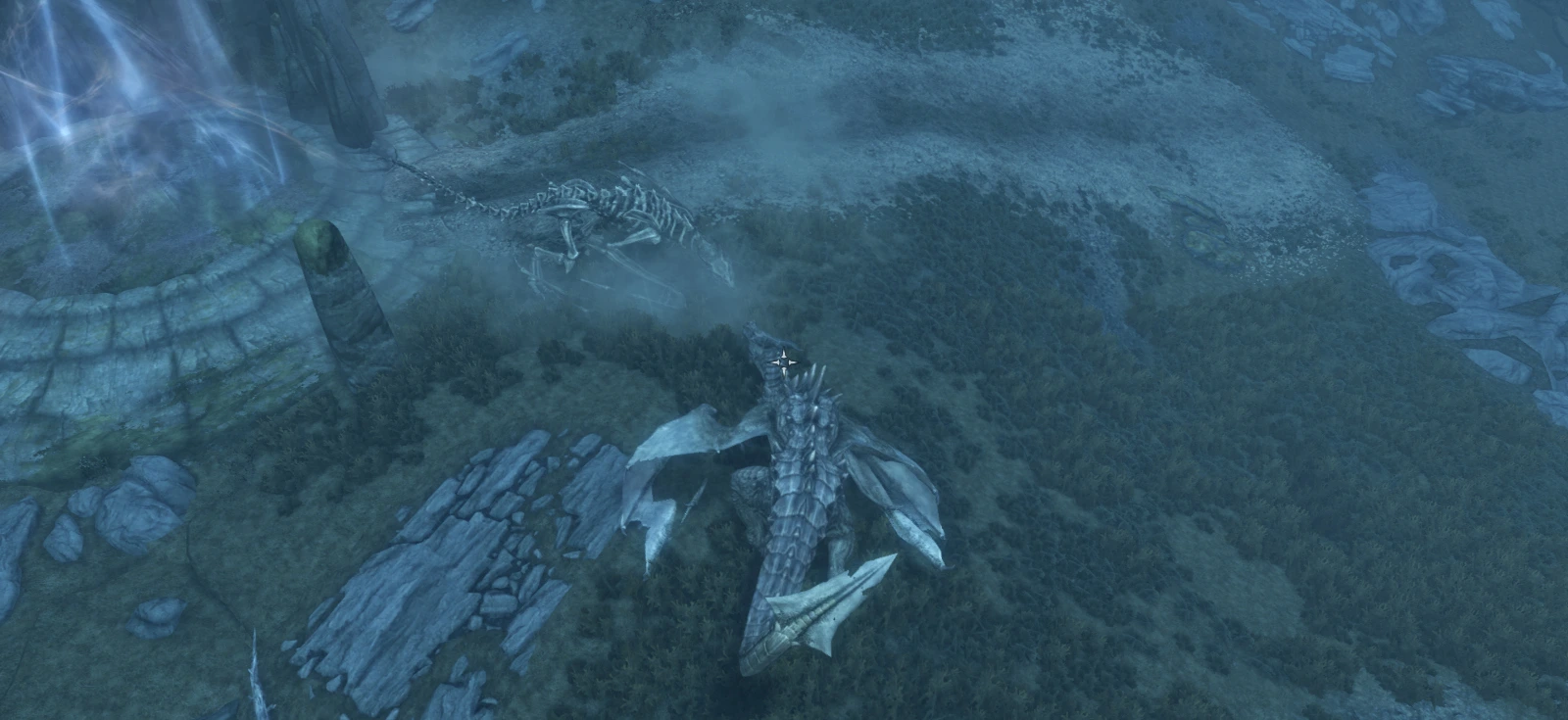 The player - a dragon - has interrupted Nahagliiv's resurrection, leaving the other dragon in a skeletal state. They have craned their neck to look at the player curiously.  In the background, Nahagliiv's grave is still glowing with energy from the resurrection attempt, and there is a furrow where the enemy dragon Alduin crash-landed after being gored by the player.