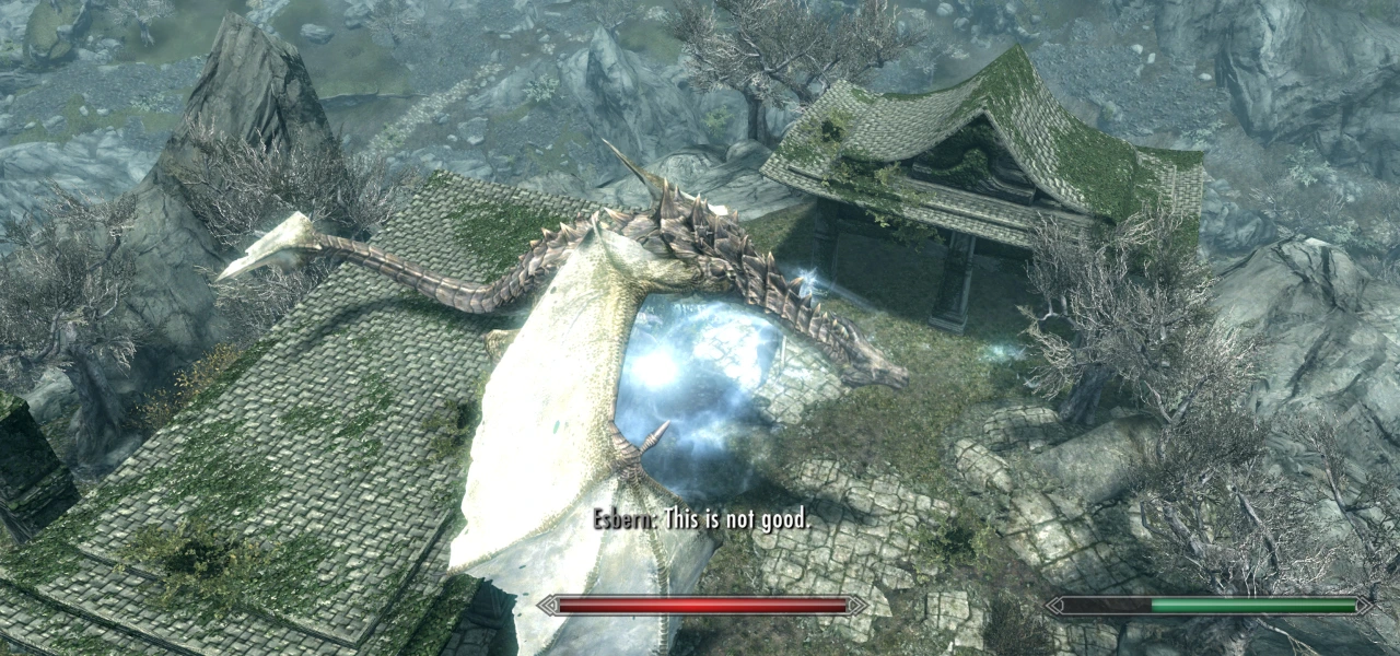 The player - a dragon - hovers too close to the dragon-hunter temple and has frost spells cast at him while the archivist runs away saying 'This is not good'.