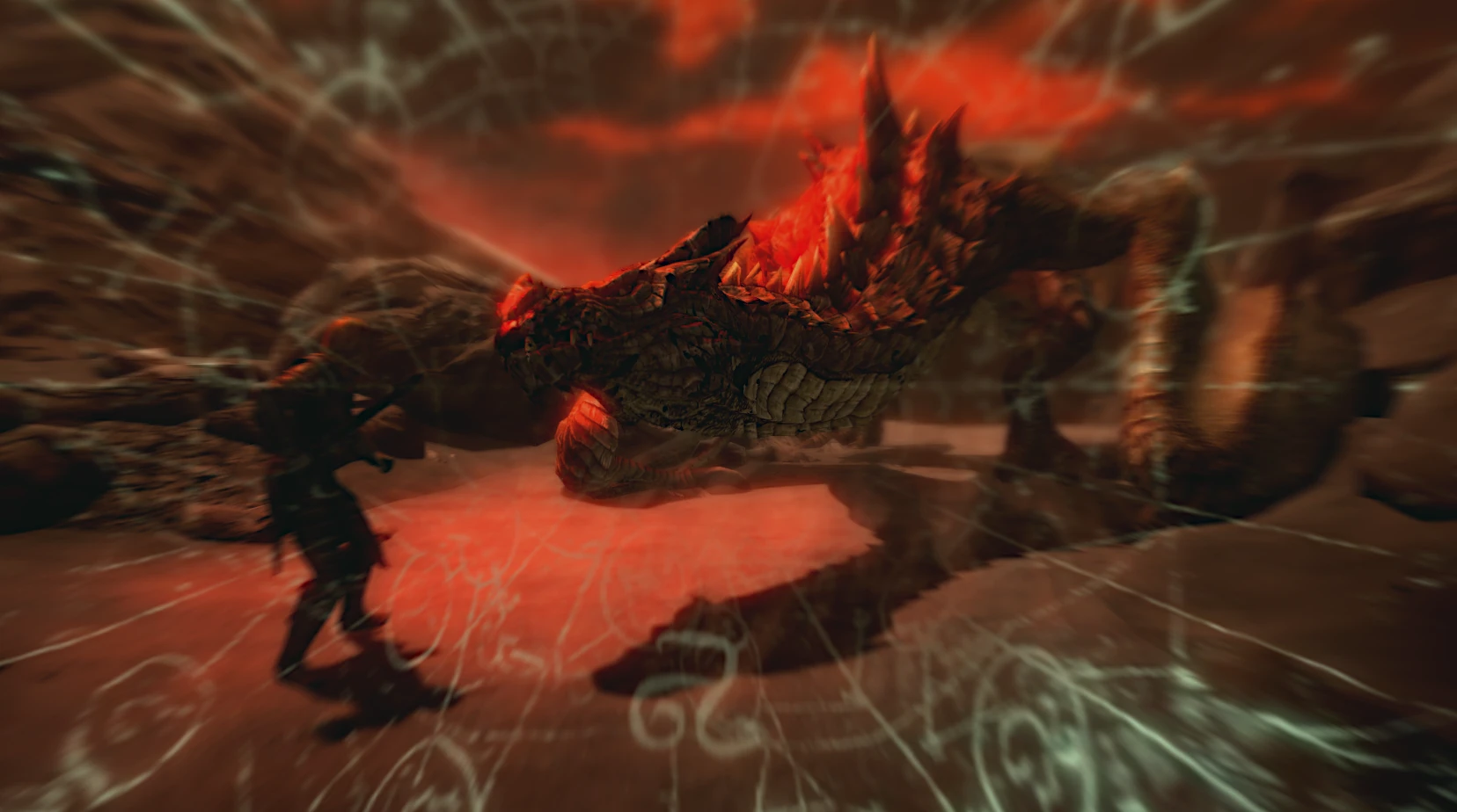 The dragon intended to be killed during the flashback to the ancient past stares back at his would-be assassin.