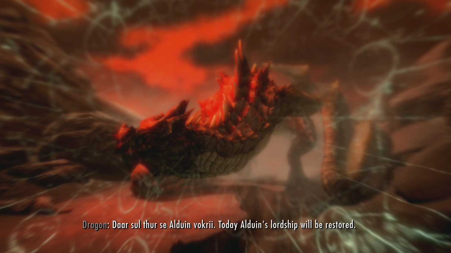 The Elder Scroll cutscene where a dragon tells the three heroes their struggle is in vain, before being stabbed in the head