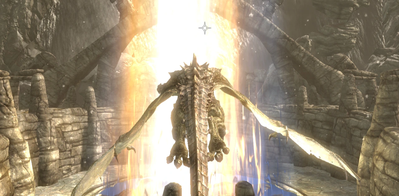 The player - a dragon - flies into the portal, with his chunky dragon feet tucked behind him