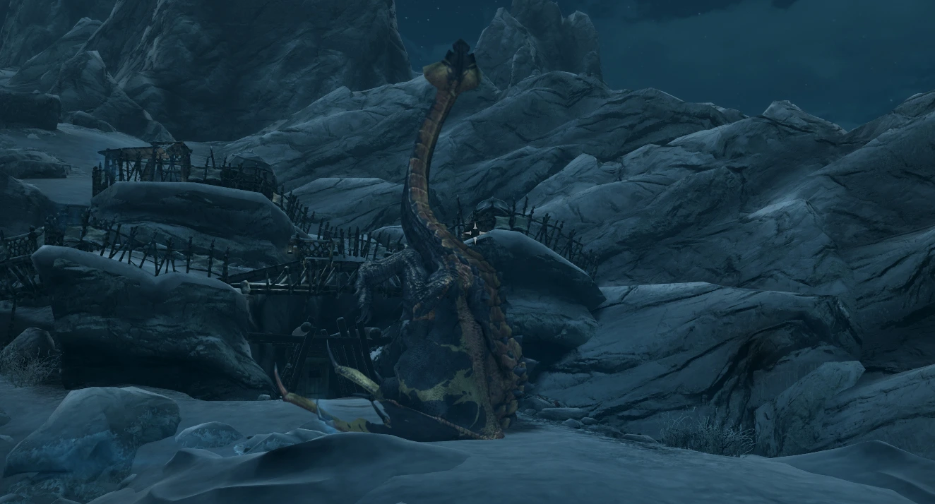 A dragon similar to the Ancient Dragon has his head and front sticking into the snow like a fox searching for food