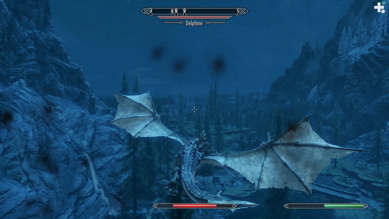 The player - a dragon - flies away from Riverwood, having sustained a few minor injuries from Delphine