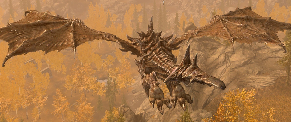 The player - in the guise of Alduin - flies in the dawn with his hooked talons gleaming in the sun