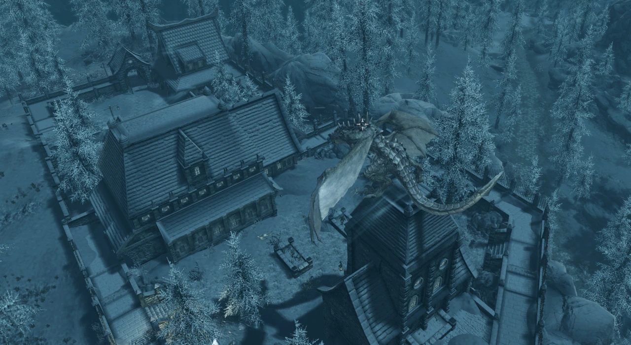 The player - a dragon - perches on top of the Thalmor embassy.  Dead, headless Thalmor are strewn around the grounds.